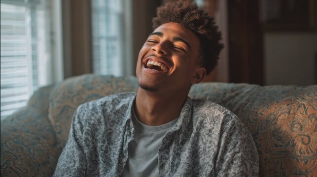 A young man with curly hair laughs heartily while seated on a soft couch in a bright living room. The warm afternoon light highlights his relaxed and joyful expression.