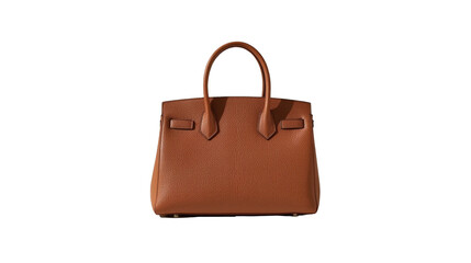 A tan leather handbag with top handles and a flap closure isolated on a black background in studio light