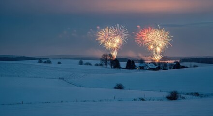 Spectacular Fireworks Light Up a Serene Snowy Winter Landscape at Dusk, Featuring a Cozy Rural House Amidst Fields and Hills
