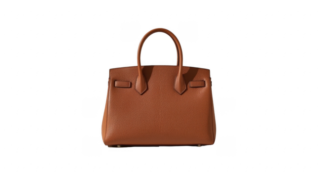 A tan leather handbag with top handles and a flap closure isolated on a black background in studio light