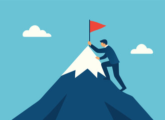 Fototapeta premium Businessman planting red flag on mountain peak, achieving success