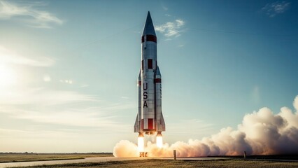 USA Space Rocket Launch with Flames Smoke, and Blue Sky.