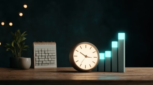 Management Resources Goal-Setting. A clock and a glowing bar graph symbolize time and growth in a cozy workspace. - Powered by Adobe