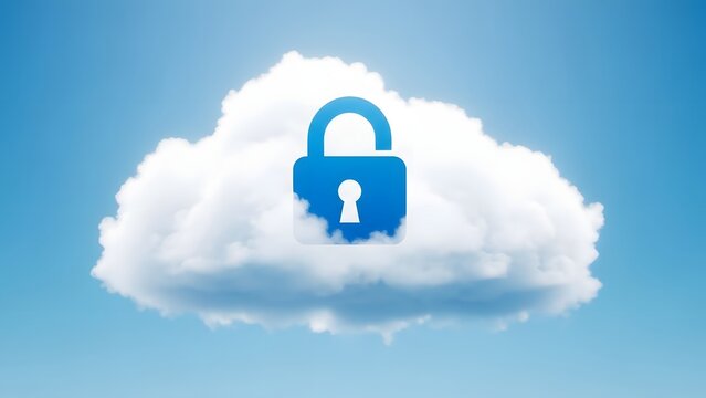 Cloud security concept padlock symbol on a fluffy white cloud technology in the sky