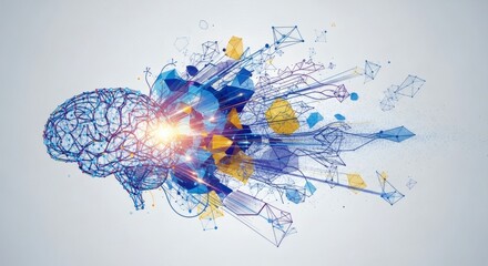 Digital brain with glowing center and geometric shapes illustration