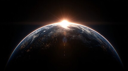 Planet earth with sunrise or sunset viewed from space against a black background.