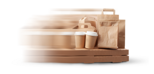 Fast food delivery and takeaway concept with packages in motion isolated on white background.