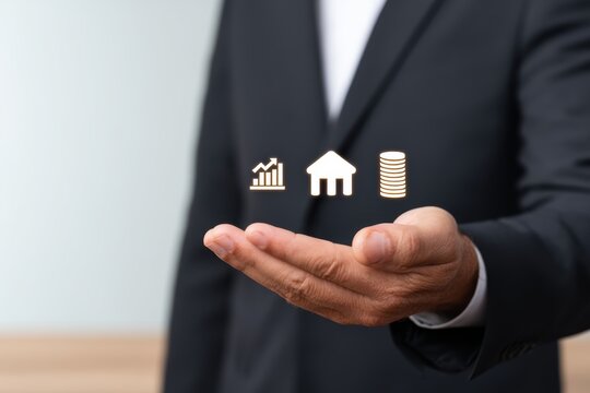 Management Resources Goal-Setting. Businessman presenting financial growth icons in a hand gesture.