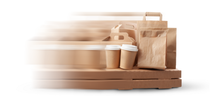 Fast food delivery and takeaway concept with packages in motion isolated on white background.