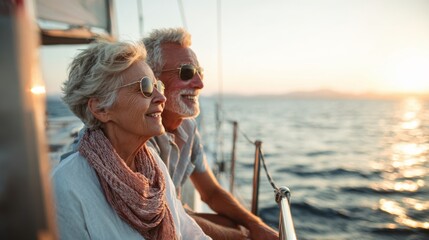 Two seniors relax on a sailing boat as the sun sets over the water. They wear sunglasses and smile enjoying the peaceful ambiance and each other's company.