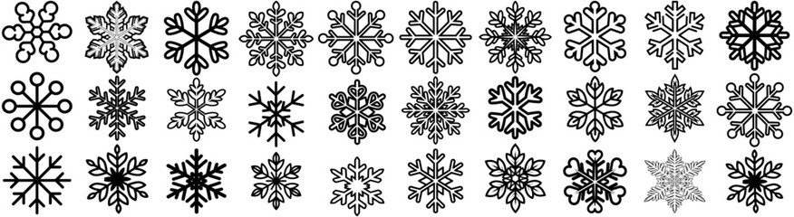 Collection of various snowflake designs in black and white isolated on a white background pattern vector
