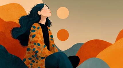 Flat illustration in simple boho colors showing a calm woman meditating outdoors, abstract nature shapes around her, soft earthy palette, symbols of balance and wellness, minimalist clean lines, Get B