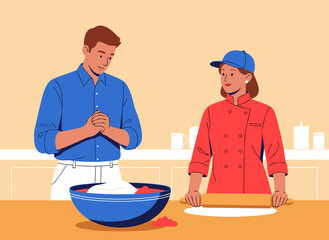 Professional chef rolling dough while man watches intently in kitchen