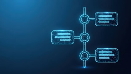 Abstract glowing blue flowchart demonstrating a structured process and connections with glowing elements on a dark background