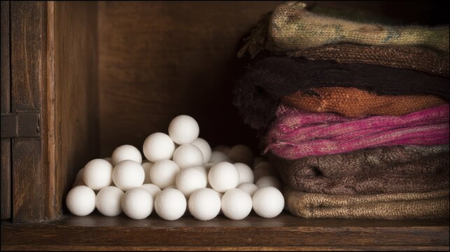 Camphor balls in an old-fashioned wardrobe with soft natural lighting highlighting folded sweaters.