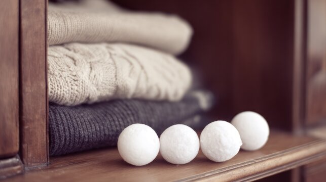 White camphor balls arranged inside a vintage wooden wardrobe beside neatly folded garments.