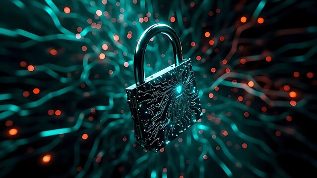 Digital Fortress: A close-up view of a secure padlock at the center of a complex network of illuminated circuit pathways, evoking a sense of robust digital security and protection.