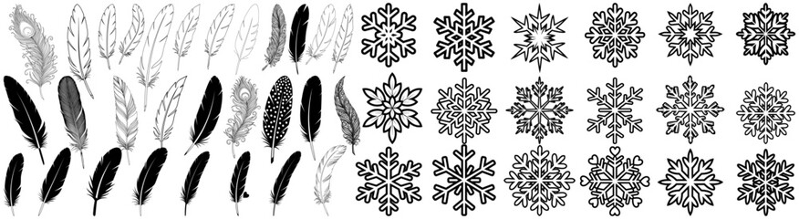 Collection of various black and white feather and snowflake outline illustrations in rows and columns