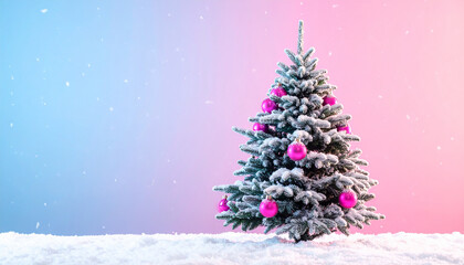 Festive Snow- Covered Christmas Tree with Pink Ornaments and Falling Snow Keywords: christmas