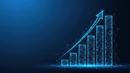 Digital business graph shows upward trend with glowing blue bars and arrow on dark background