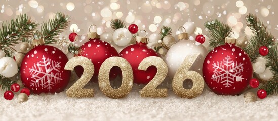 Golden 2026 numbers with red christmas ornaments in snow