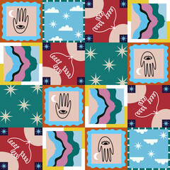 Cotton fabric Mystical boho seamless pattern with hand eye moon stars abstract retro shapes and clouds in colorful cosmic style perfect for fabric wallpaper and surface design