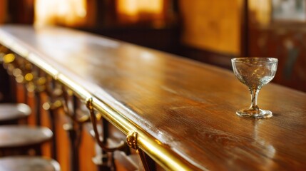 A vintage wooden bar counter with polished brass railings and a single empty cocktail glass. bar promotions, beverage menus, designed for product packaging and bar promotions.