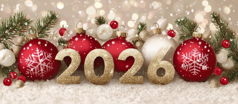 Golden 2026 numbers with red christmas ornaments in snow