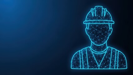 Digital illustration of a construction worker wearing a hard hat and safety vest with neon blue wireframe lines on a dark background