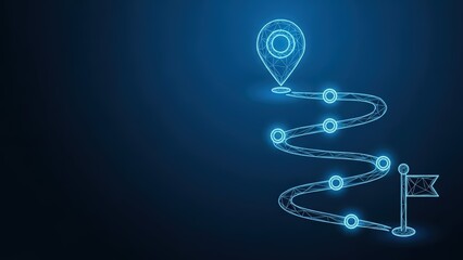 Digital navigation pin marking a route with glowing waypoints on a dark abstract background