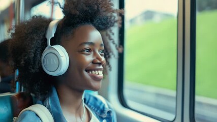 Video A young woman listening to music on a train with headphones, great for travel or commuter themes