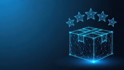 Digital package with three glowing stars representing quality delivery and customer satisfaction