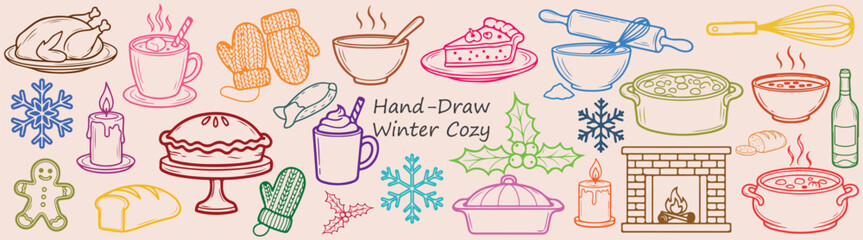 Hand drawn winter cozy elements featuring food, drinks, and seasonal items in a colorful illustration