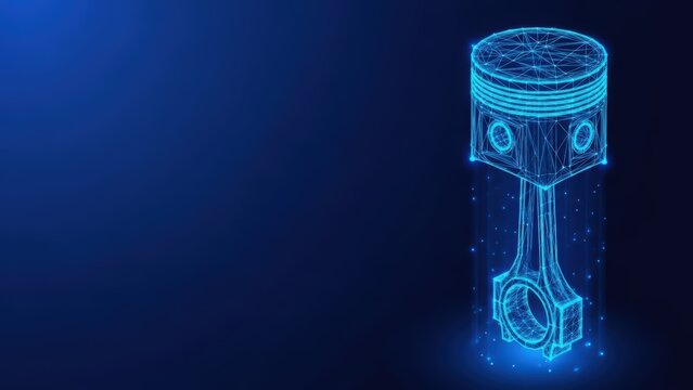 Digital illustration of a mechanical piston component in blue wireframe style against a dark background