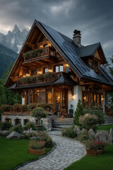 Obraz premium Maison moderne de luxe et éco-responsable avec panneaux solaires sur le toit, illustrant l'énergie renouvelable, l'immobilier écologique, la technologie verte et l'efficacité énergétique