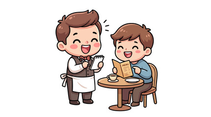 Cartoon Waiter Taking Order from Happy Customer at Cafe
