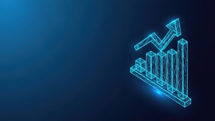 Glowing blue wireframe bar chart and upward trend line indicating business growth and financial analytics