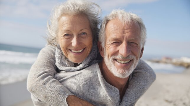 Smiling couple enjoys a bright day at the beach with the ocean waves in the background. They are dressed warmly embracing each other joyfully. - Powered by Adobe