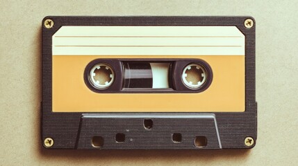 Obraz premium Vintage compact cassette tape isolated on soft neutral background, evoking retro music nostalgia.