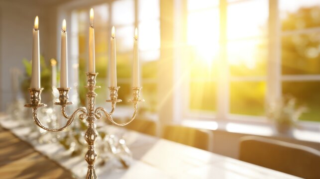 Softly glowing Sabbath candles on ornate silver candlestick, illuminating a cozy dining table.