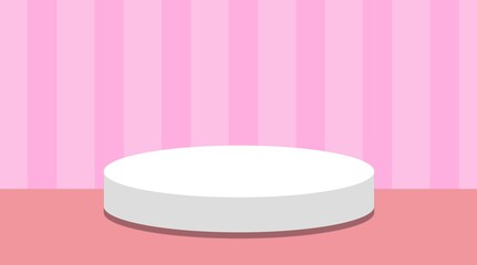 A minimalist, 3D product display stage. The backdrop wall is a pink vertical stripes. The floor is a dark pink.  A  white podium is centered on the floor.