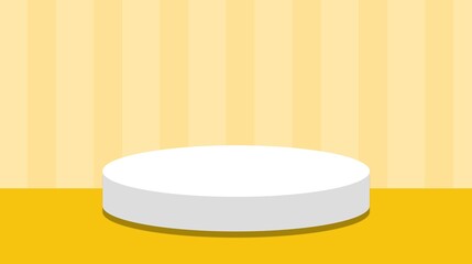 A minimalist, 3D product display stage. The backdrop wall is a light yellow vertical stripes. The floor is a yellow. A  white podium is centered on the floor