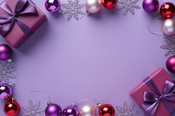 Christmas frame border created with purple and red baubles, silver snowflakes, and festive gift boxes on a vibrant violet background
