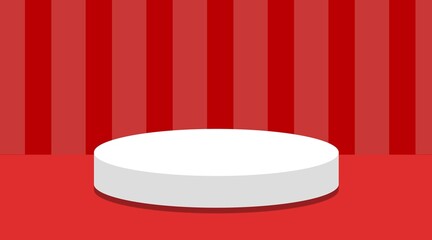 A minimalist, 3D product display stage. The backdrop wall is a light red vertical stripes. The floor is a red. A  white podium is centered on the floor.