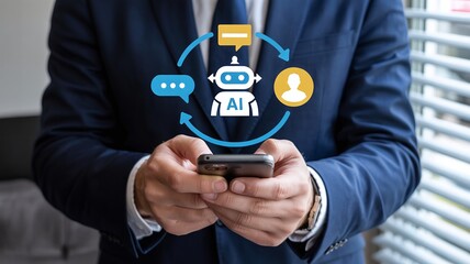 Businessman Using a Smartphone with an AI Chatbot Icon and Arrows Showing Communication Between Human and Artificial Intelligence Technology