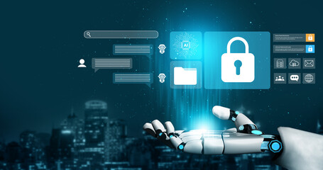 Explore the intersection of technology and security with this futuristic image showcasing a robotic hand holding a lock symbol, representing data protection and artificial intelligence. Gantry