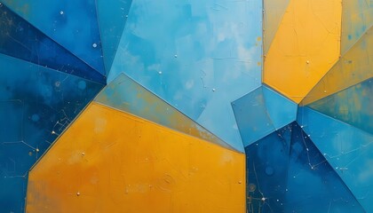 Abstract geometric pattern with blue and yellow watercolor brushstrokes