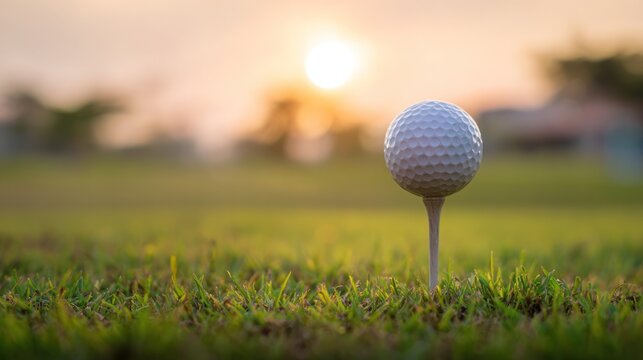 Golf ball on tee during golden hour, warm sunset glow over the course landscape. inspiring travel planning, event key visuals, designed for sports event promotions and stadium branding.