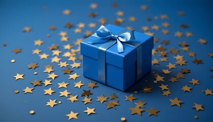 Blue gift box tied with ribbon surrounded by golden star confetti