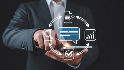 Businessman leveraging a digital tablet to manage a circular workflow diagram representing strategic business process management and optimization